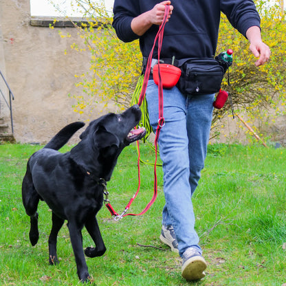 Ausgestattete TamBe Bag als Bauchtasche getragen mit aufmerksamem Hund